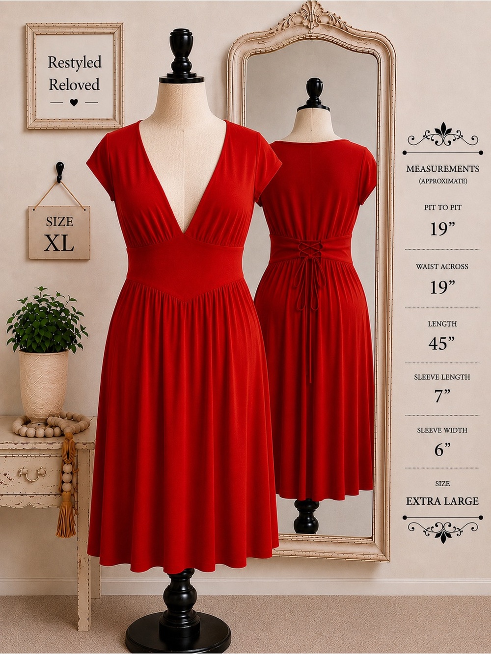 OYS Summer Casual Deep V Neck Cap Sleeve Pleated Swing A Line Red Midi Dress